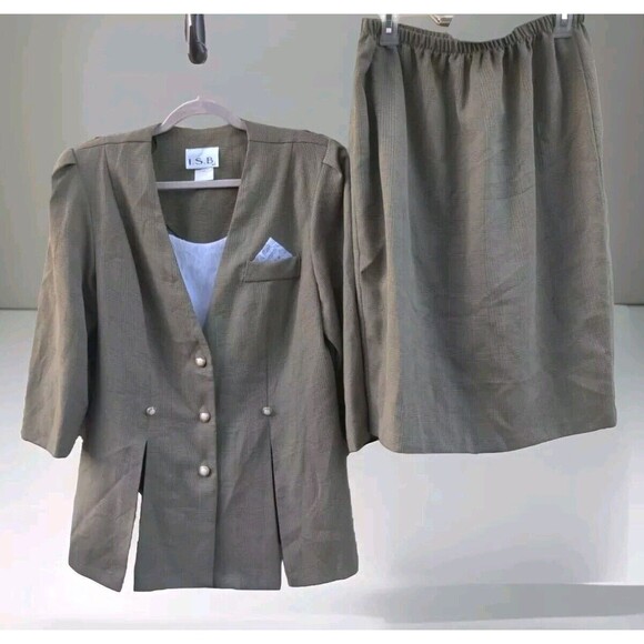 Vintage I.S.B. Inc Womens Skirt Suit Size 16 Blazer Gray Plaid Lace 2 Piece Set - Picture 1 of 16